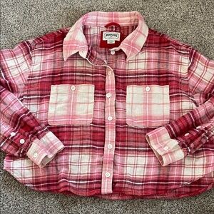 American eagle pink and red crop flannel medium
